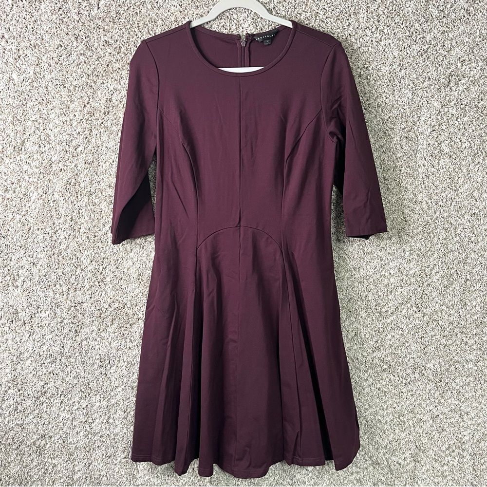Abbey Glass Dress Women's Large Maroon Purple 3/4 Sleeve Fit and Flare Swing